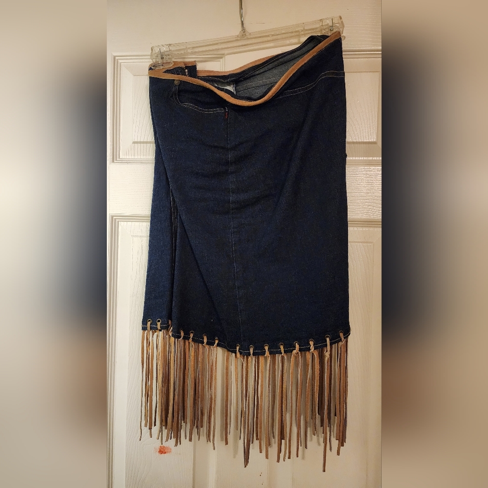 Blue Jean Denim Skirt with Fringe